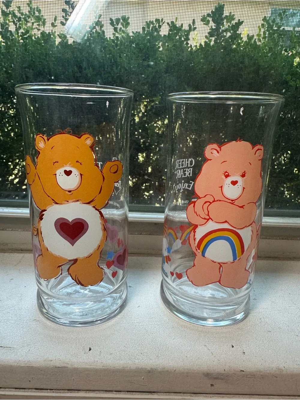 Vintage Care Bears Drinking Glasses - tenderHeart & cheer bear Rainbow